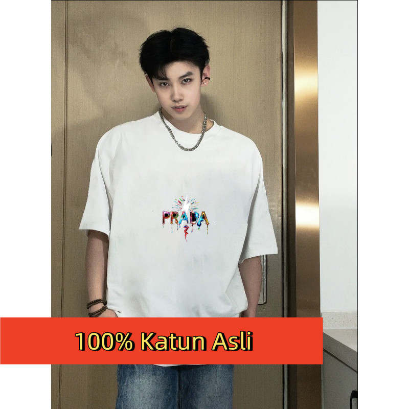 Kaos Pria Oversize dengan Cetakan PRADA Cat Air Warna Warni, Pengiriman Gratis & COD