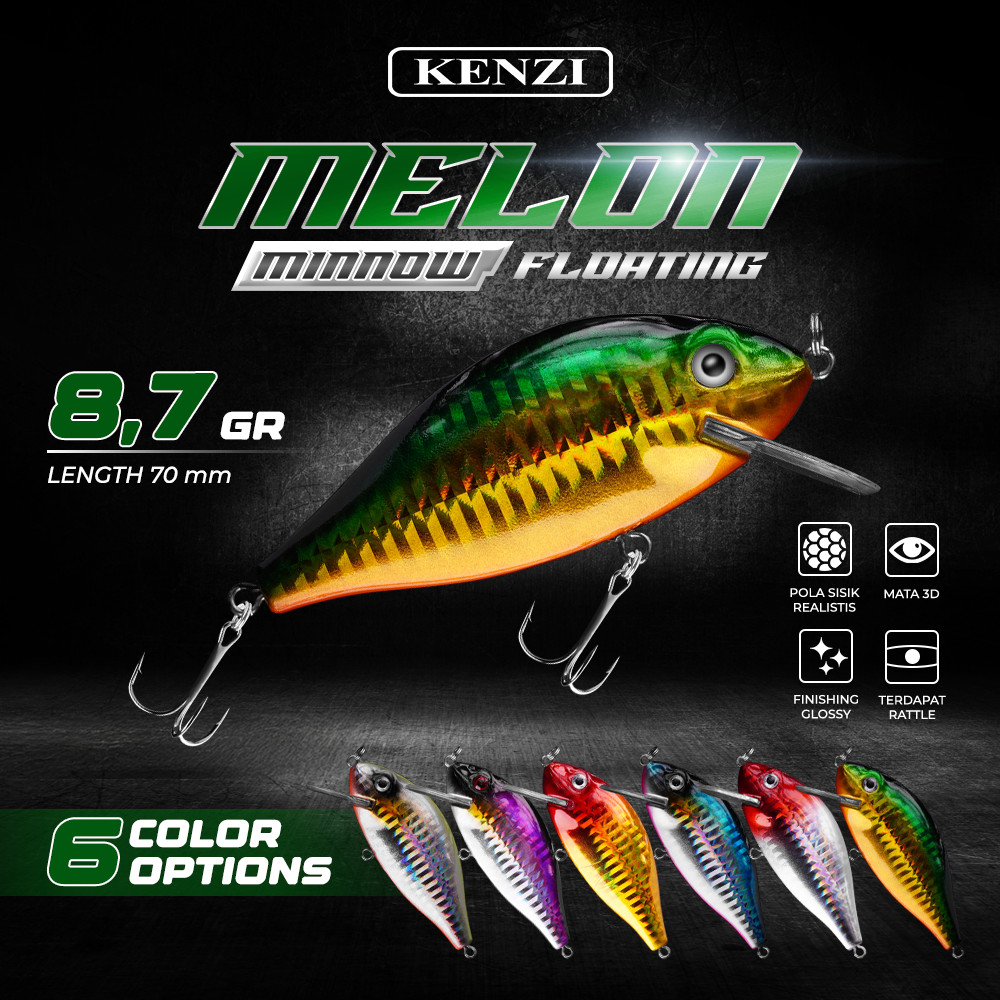 LURE KENZI MELON 70mm 8.7gr - MINNOW FLOATING Lures Reflektif Treble Hook Tajam Kuat Crankbaitt Umpa