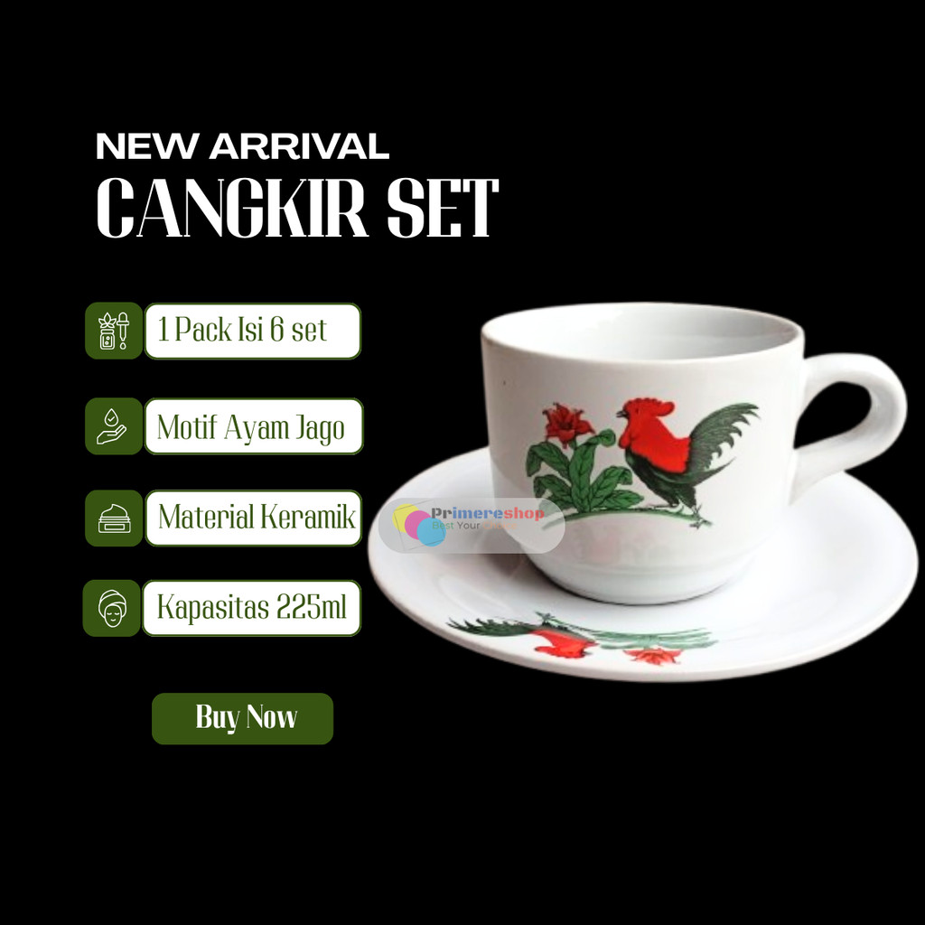 Gelas Cangkir Kopi Set Keramik Aesthetic Ayam Jago 1 Pack 6 Set 225 ml