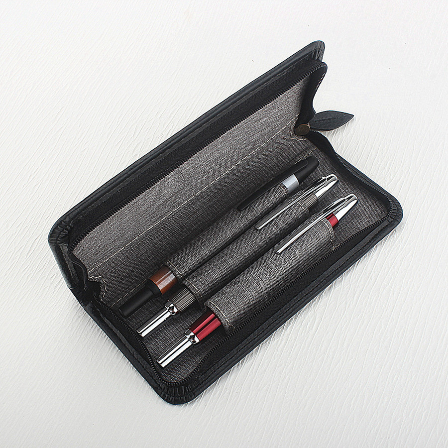 

PU Leather Fountain Pen Case 3 Divided Slots, Zippered Pen Case Pouch, Handmade Display Pen Holder, Black