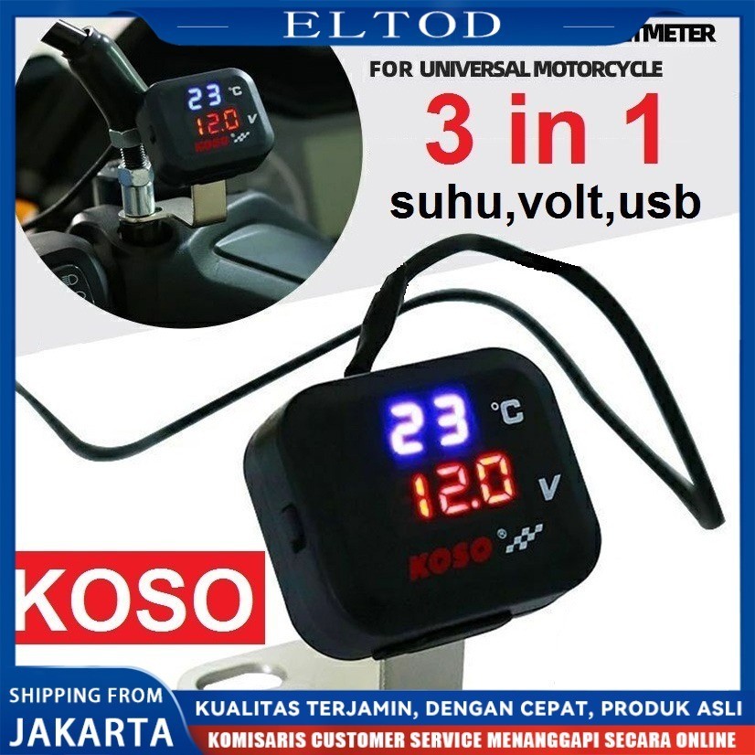 Koso Voltmeter 3in1 Pengukur Alat Ukur Tegangan Aki Suhu Digital Jam dengan USB Charger 12V 24V Wate