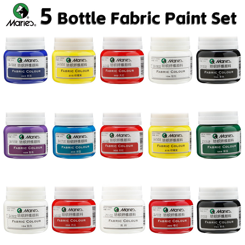 

5 Bottles Marie's Fabric Paint Set 50ml/1.69oz,Bright Colors,Quick-Drying,Suitable for Clothes,Canvas Bag,Great for Adults