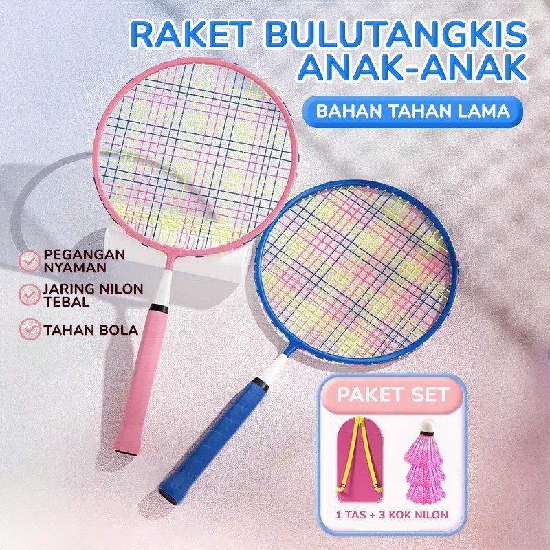 BBAK SET 2 PCS Mainan Raket Bulutangkis Anak Kecil Ringan Mudah Dibawa Handgrip Spons XTRA Tas Raket