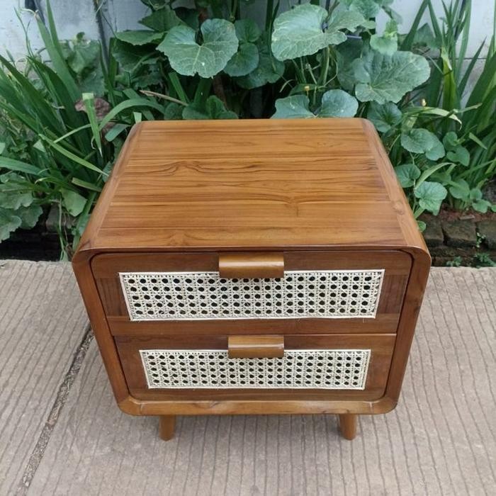 Nakas Retro Nakas Jati Meja Retro Kombinasi Rotan Mentah Amplas Rak Buku Meja TV Kayu Jati