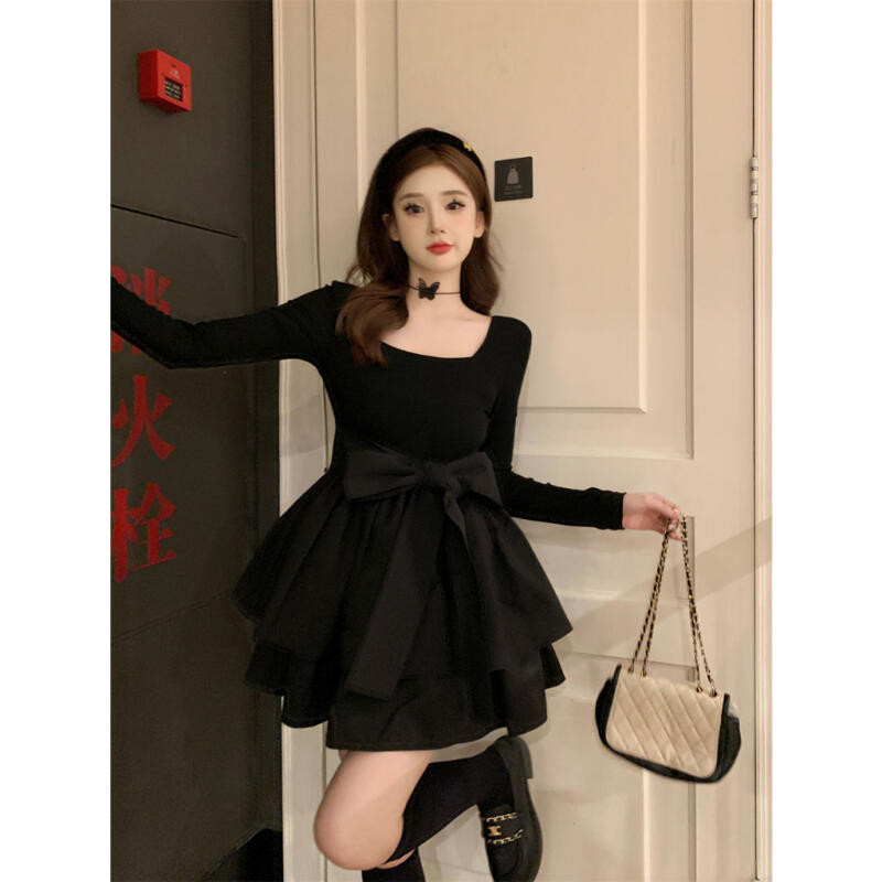 1303 gaun hitam tile lengan panjang mewah elegan  remaja party dress black long sleeve   plus size f
