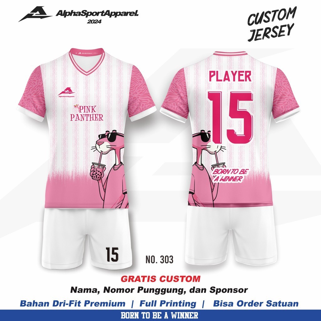 Jersey Bola Futsal Voli Badminton 303 Pink Panther Gratis Custom Logo Nama Nomor Warna Dasar  Full P