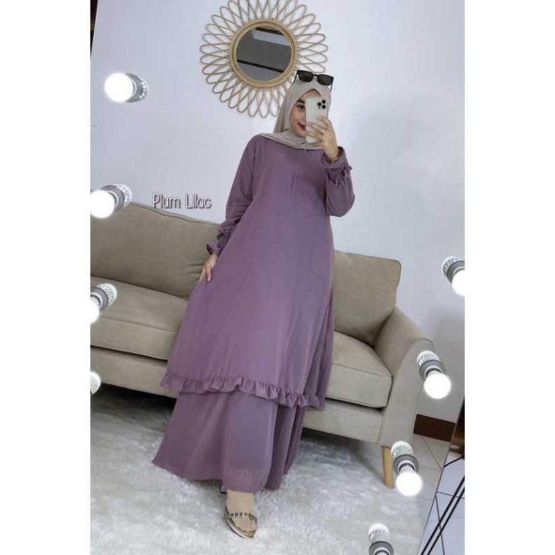 Baju Gamis Wanita Model Malaysia Polos Rufle Ceruty Babydoll Gamis Lebaran Dress Melayu Syari Cerutt