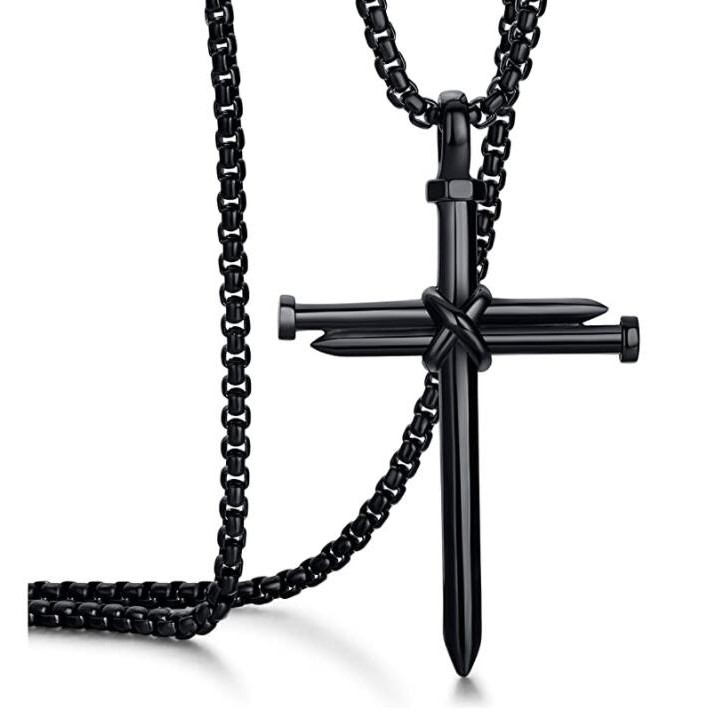 Mens Jewellery Black Stainless Steel Necklace Men Nail Cross Pendant-Chain Necklace Christian Chur