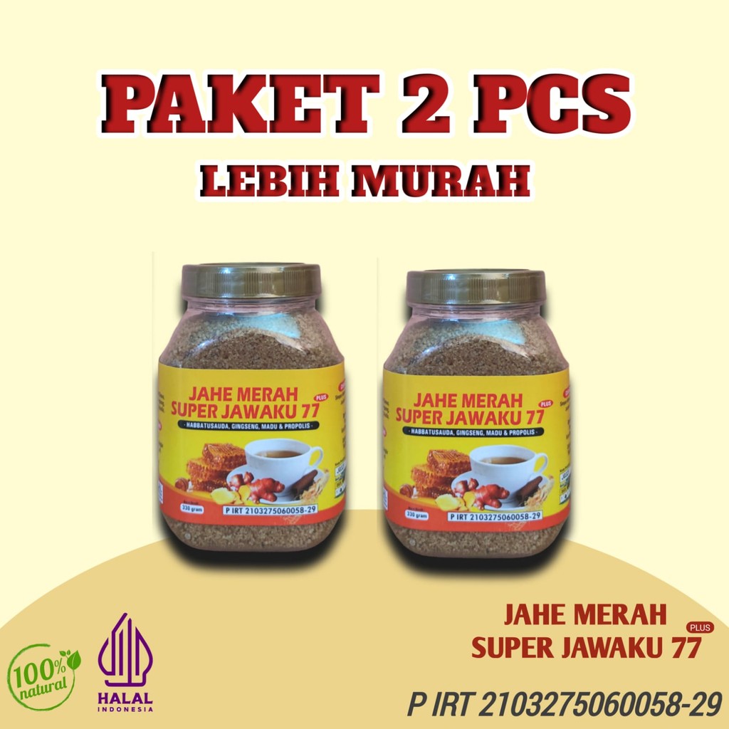 

PAKET 2 BOTOL // JAHE JAWAKU77 SERBUK JAHE MERAH SUPER PLUS Habbatussauda,ginseng,secang,madu 330gr