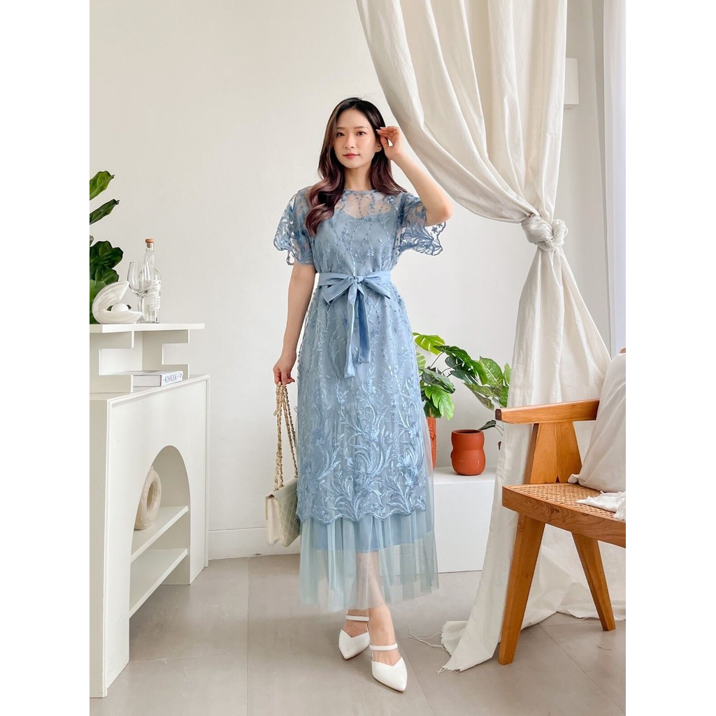 Dress Fransisca 2in1 Dress Brokat Pesta Elegant Gaun Brukat Tulle Mutiara Premium