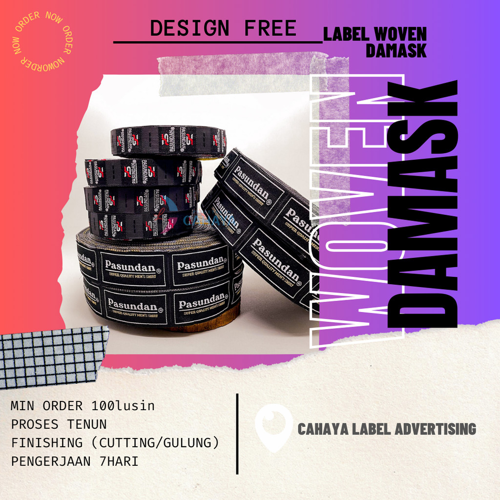 

3x6cm label woven damask, label rajut, label bordir, label baju, label celana, label tas label murah