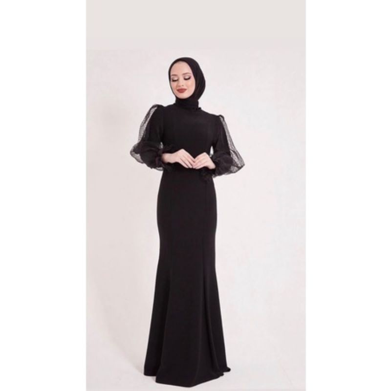 Dress hitam bahan lembut wollycrape premium combi tile dress kondangan dress pesta dress wisuda dres