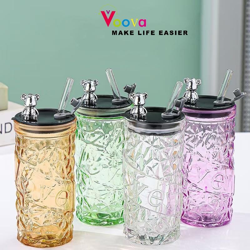 VOOVA Glass Aesthetic/ Tumbler Kaca Tebal/ Embose Bear Lid Glass/ Gelas Kaca Borosilicate Tinggi/ Ca