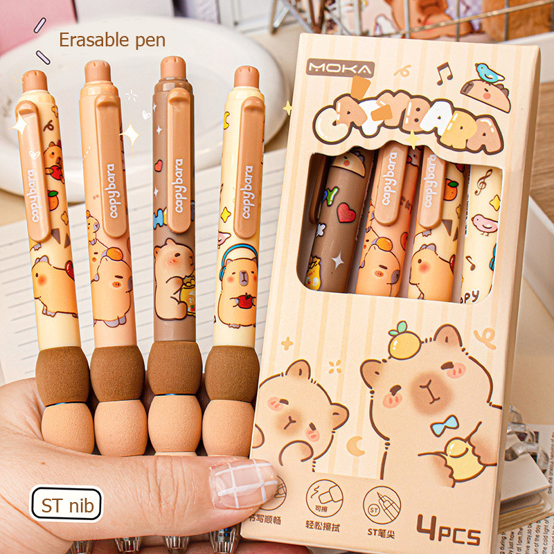 

4pcs Kawaii Capybara Erasable Pen Blue Ink Soft Pen Grip Writing Smooth Elegant Pens Office Accessories Aesthetic Stationery