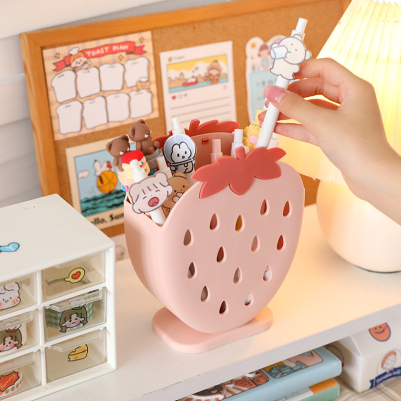 

Cute Strawberry Holder Rack Hollow Pencil Desk Organizer Makeup Holder Containers Storage Kawaii Fruit Stationery Accessories