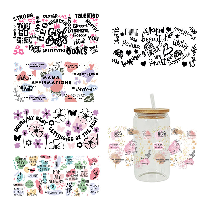 

UV DTF Girl Boss Mom Daily Affirmations Stickers For 16oz Libbey Glasses Wraps Bottles Cup Can D4127