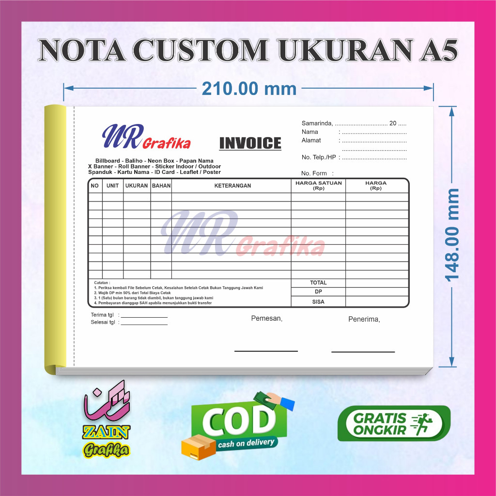 

cetak nota ukuran A5 (210 mm x 148 mm) 50 Set/Lembar zain Grafika