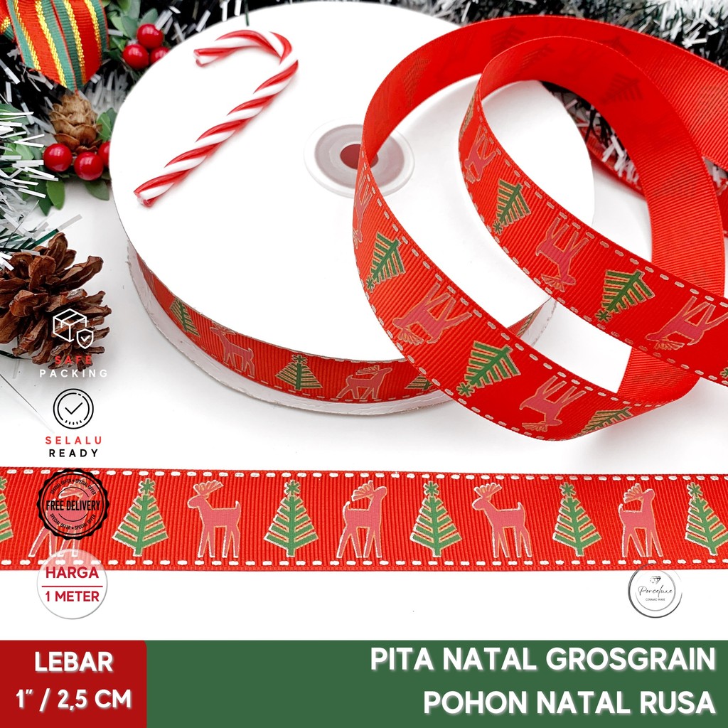 

Pita Kado Hampers Natal Christmas Grosgrain Emboss Premium Rusa 2,5 cm Harga Per Meter