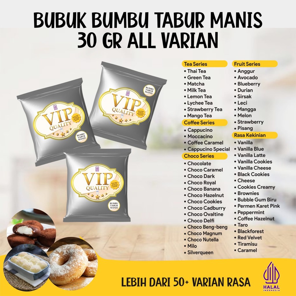 

Bubuk Bumbu Tabur Manis Aneka Rasa 30 Gram Bubuk Tabur Manis untuk Minuman Makanan Roti Mochi Donat Crepes Waffle Pancake