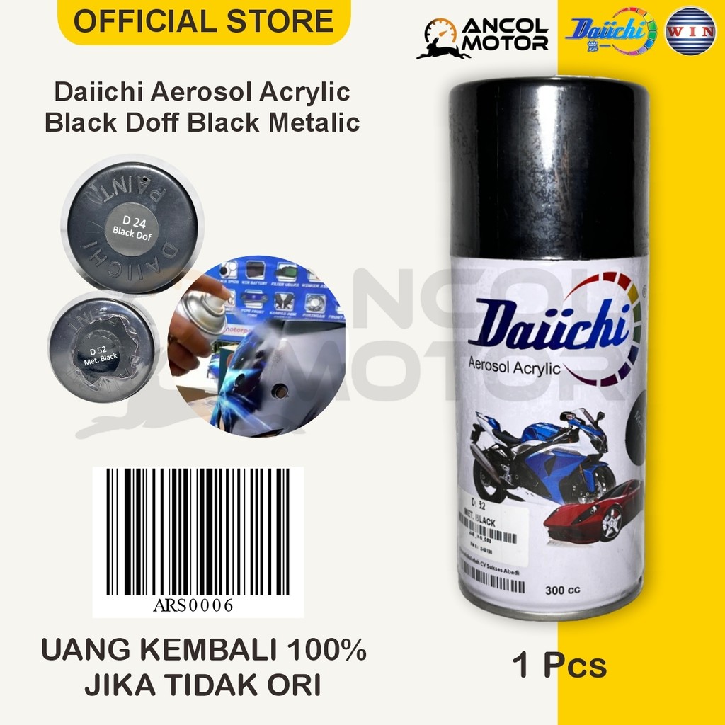 

Daiichi Cat Semprot Body Motor 300cc motorcycle acrylic aerosol spray paint Black Doff Black Metallic colour WIN bodi kasar halus plastik besi