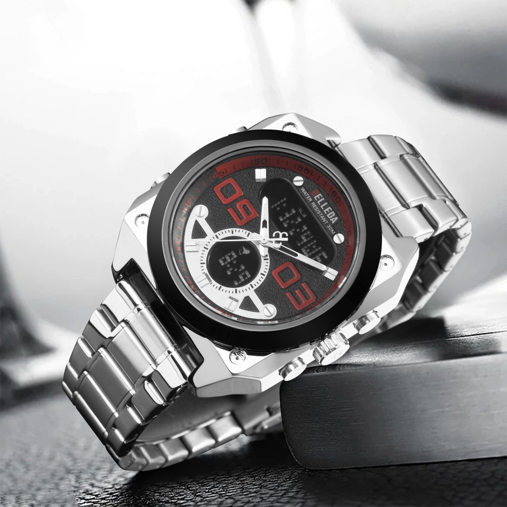Jam Tangan Pria Belleda 9308 Dual Time Analog Digital Anti Air fashion Uniq Segi Original