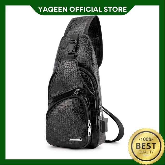 YAQEEN - TAS PRIA SELEMPANG COSTA KULIT PREMIUM TA041B5 BAHU HITAM CROCODILE BATAM FASHION ABG COWOK