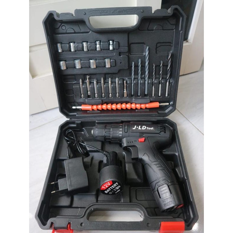 TKMRH [HITAM] JLD 12V - 2A SET Bor Obeng Bor Baterai 12 Volt Cordless Drill Bor Cas JLD 12V Variasi 