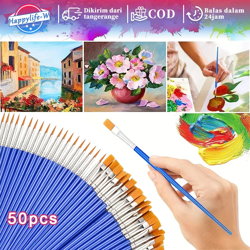 

50pcs kuas cat air Artist Paint Brush kuas lukis cat minyak Premium Acrylic/Water/Oil Color kuas minyak