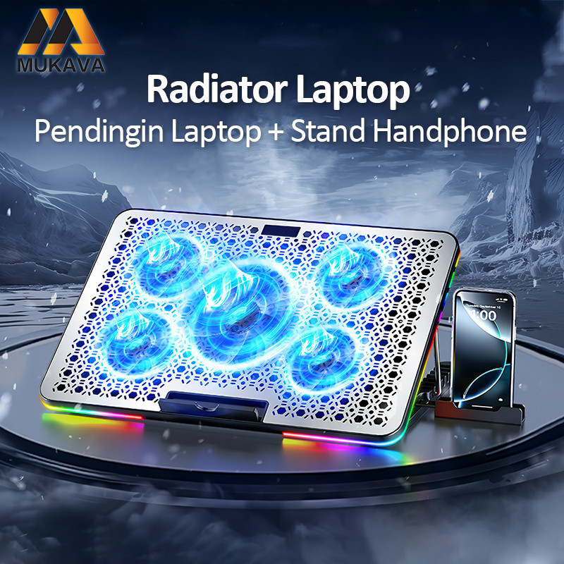 MUKAVA Dudukan laptop RGB 5 kipas senyap dengan dudukan ponsel kipas senyap radiator laptop