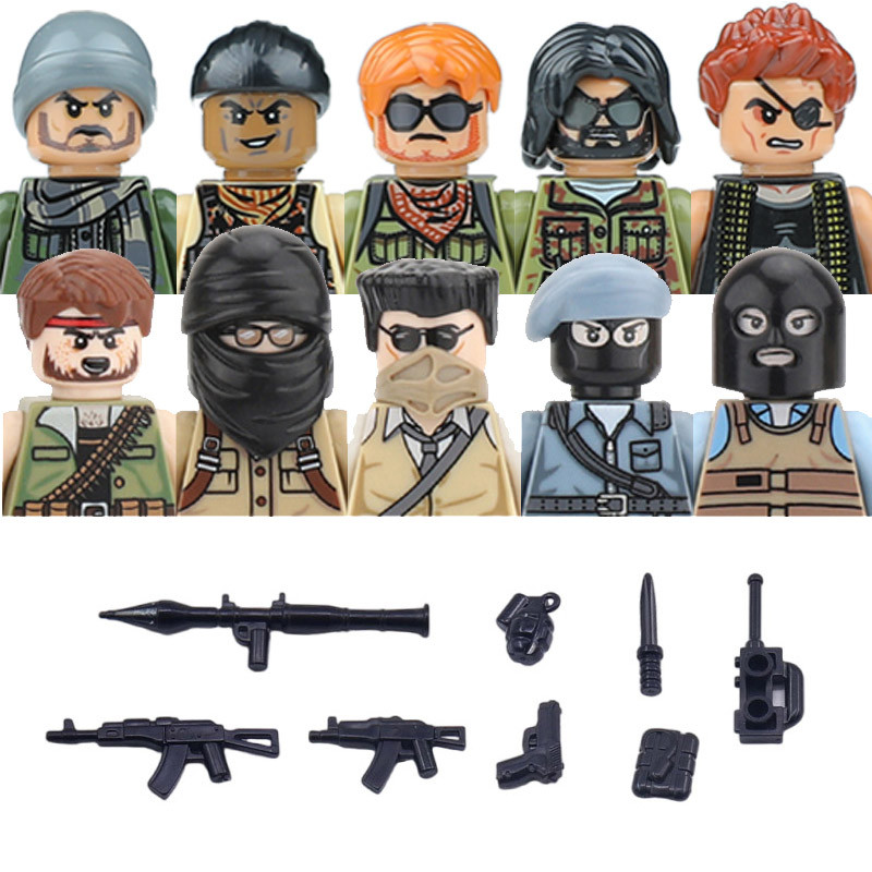 City Accessories MOC Villain Gangster Figures Building Block Modern Soldier Mask Helmet Guns Bazooka