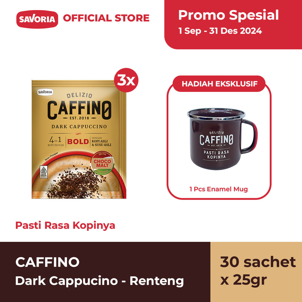 

Caffino Dark Cappuccino Renteng - Bubuk Kopi Instan 30 Sachet x 25g + Mug Enamel