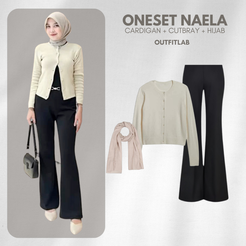 Naela Outfit Set Kekinian ( Cardigan | Cutbray | Hijab ) One Set OOTD Remaja Ala Korea Hijab Hits