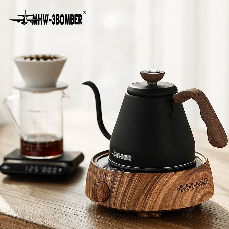 Pour Over Coffee Pot with Thermometer Gooseneck Kettle Wooden Handle Coffee Maker for Stovetop Porta