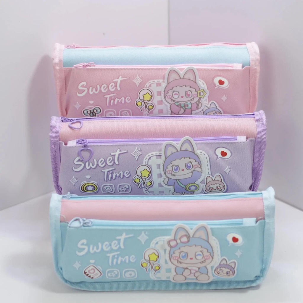 

New Labu pencil case with color blocked cartoon double layered large capacity student pencil case and small pencil case