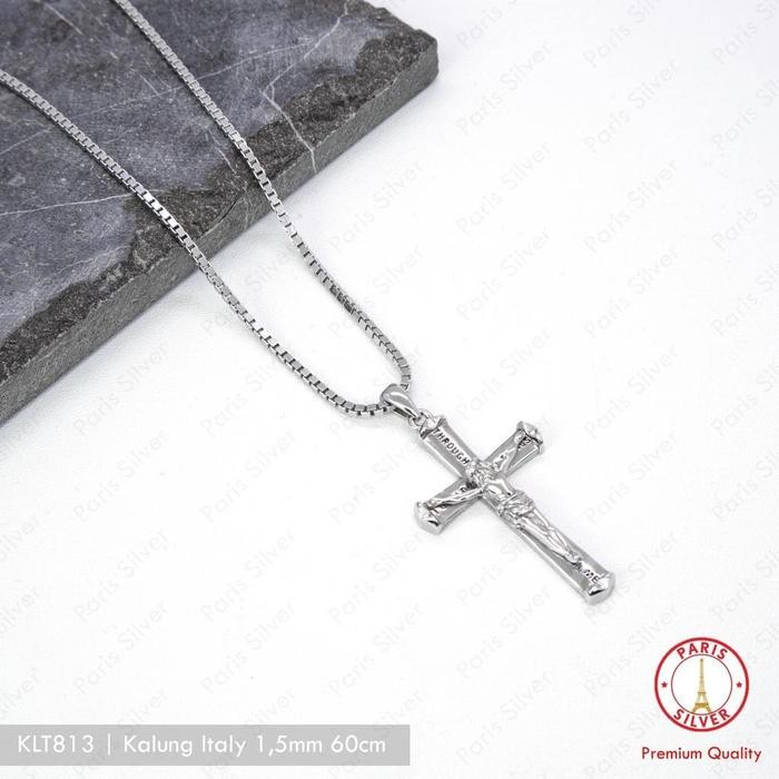 Kalung Salib Yesus Filipi Besar Perak Asli Silver 925 Lapis Emas Putih Liontin Bandul Salip Pria Wan