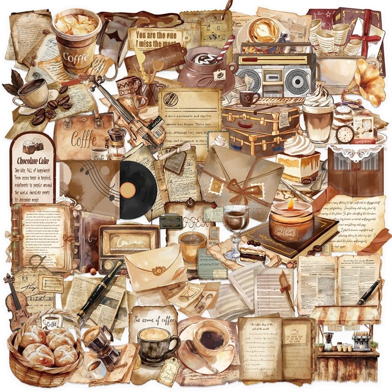 

50PCS Vintage Coffee Letter PET Sticker Aesthetic Decoration Scrapbooking Stationery DIY Hand Accounting Supplies for Kids
