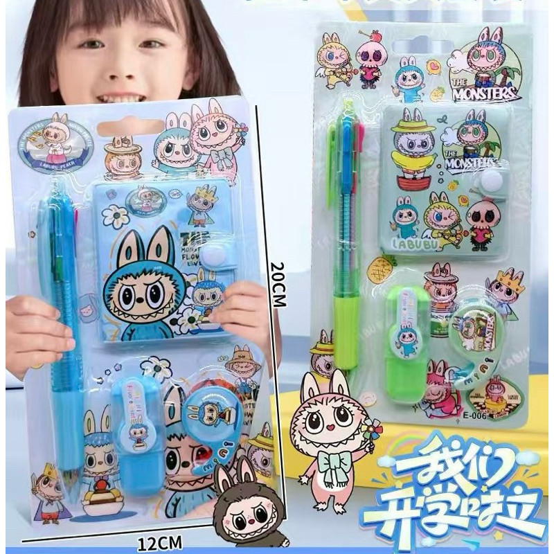 

[DF] LABUBU 4 in 1 set stationery paket alat tulis pulpen 4 warna buku notebook diary stabilo isolatip halloween hadiah goodiebag souvenir