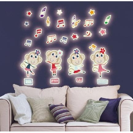 Set Stiker Dinding Aesthetic / Wallpaper "Glow in the Dark" Motif 4 Monyet Penari