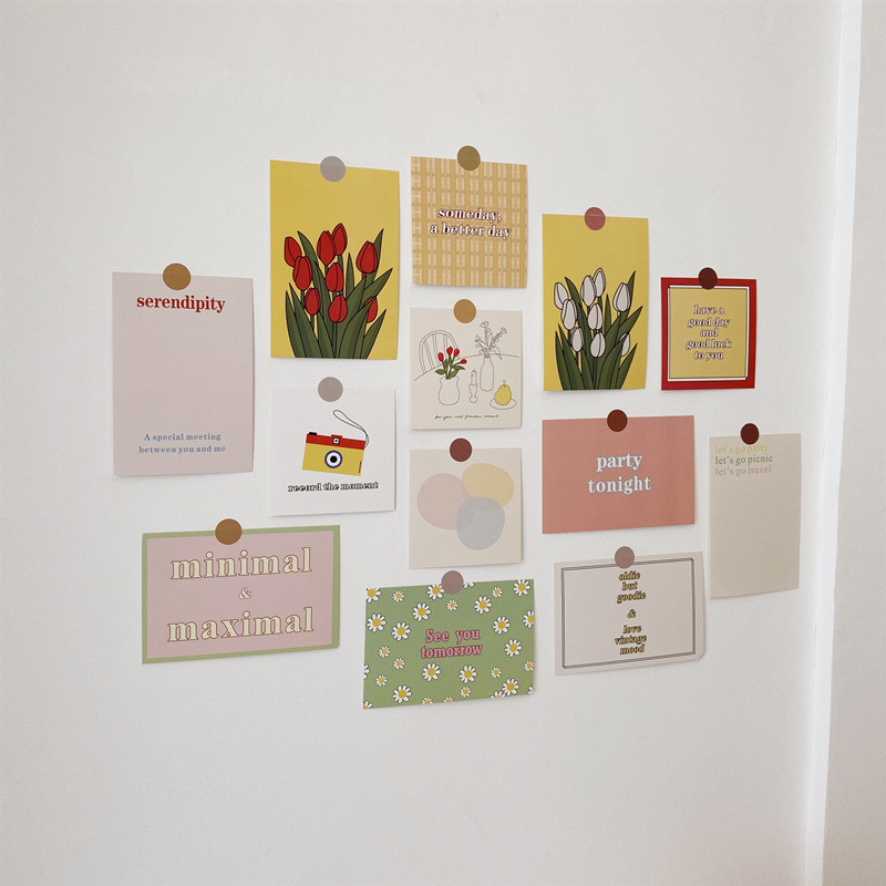 

Ins 13 Sheets Tulip Decorative Card English Flower Geometric Color Block Postcard Diy Wall Sticker Photo Props Greeting Cards