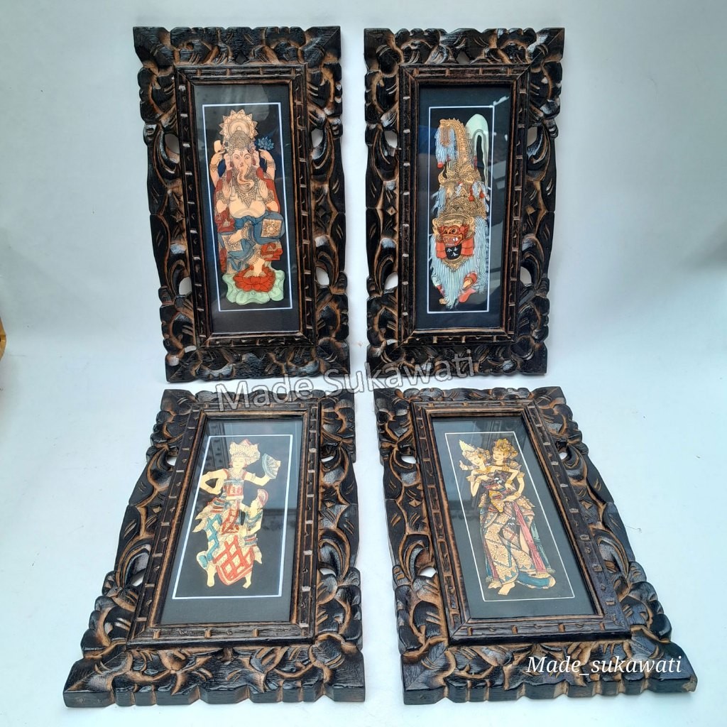 Hiasan dinding lukisan bali dengan bingkai ukiran kayu lapis kaca