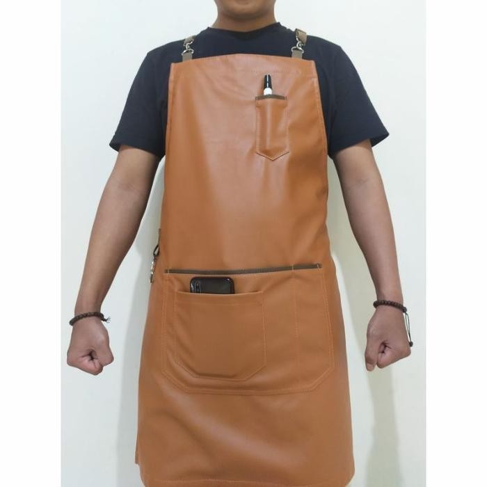 Apron Barista Celemek Masak Kulit Sintetis Asli - Tan
