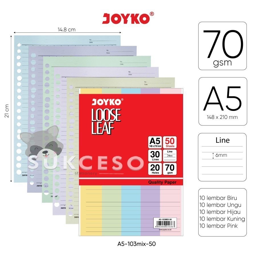 

Joyko Loose Leaf Isi Ulang Refill Binder Paper A5 103MIX 50 Lembar Colorful Rainbow Ruled Bergaris