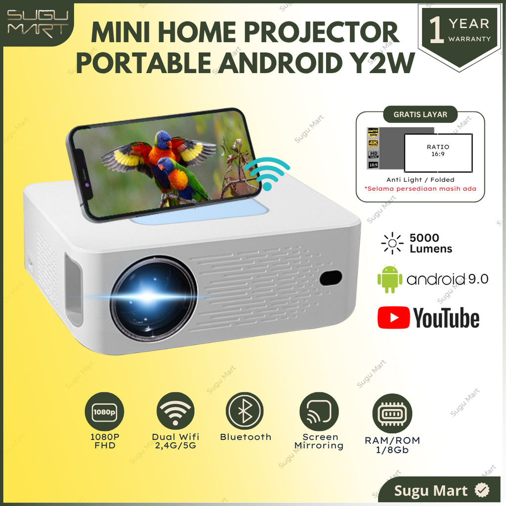 Proyektor Android Y2W 5000 Lumens Full HD 4K Proyektor Android Full HD Proyektor Portable Android