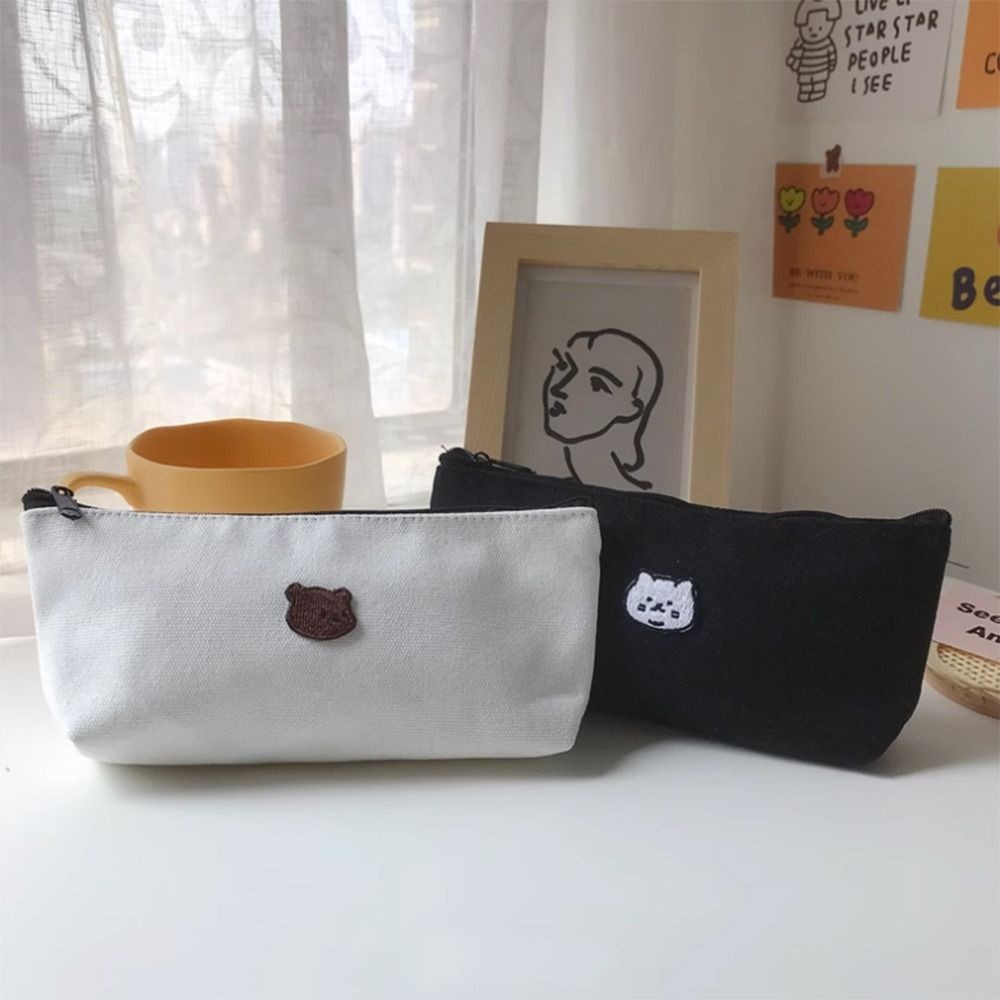 

New Canvas Pencil Case Large Capacity Multi-purpose Pen Box Cat Bear Embroidered Pattern Cosmetic Bag for School Supplies