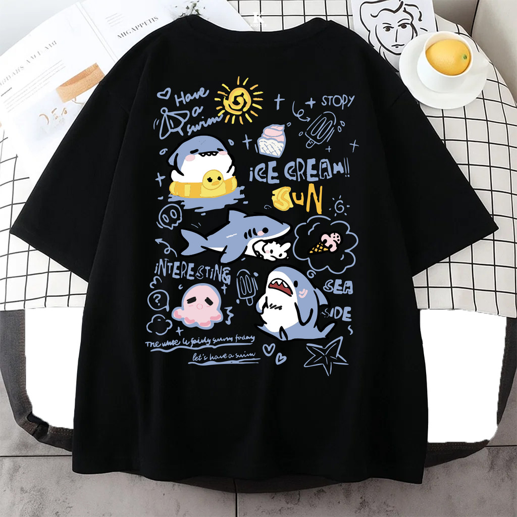 Kioteeshop | Baju Kaos Oversize Atasan Kaos Crop Top Oversize Lengan Pendek Motif Shark