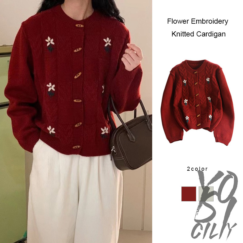 Jaket Sweater Kancing Tanduk Leher Bulat Wanita Atasan Lengan Panjang Bordir Bunga Kardigan Rajutan 