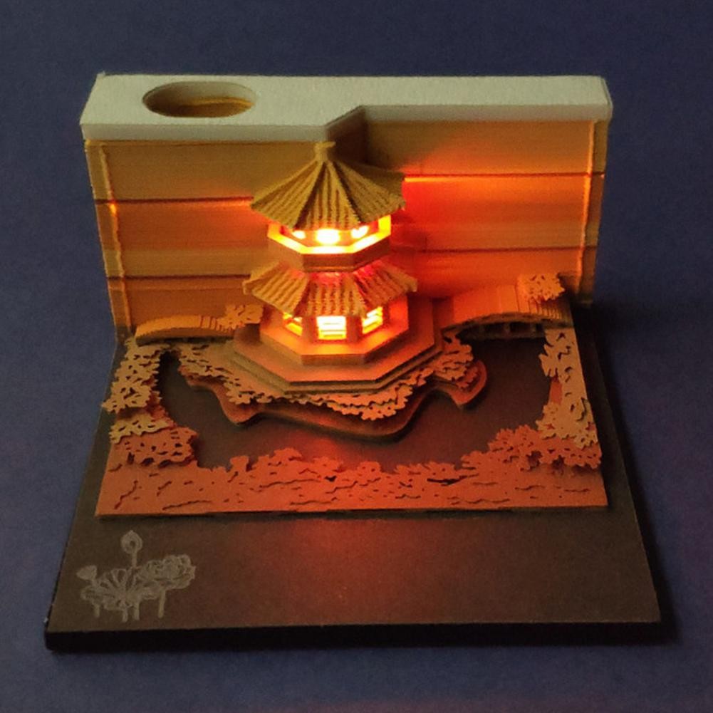 

1 Set 3D Castle Calendar with LED Lights Paper Carving Art Desk Calendar Magic Castle Weekly Calendar Notepad Pen Holder