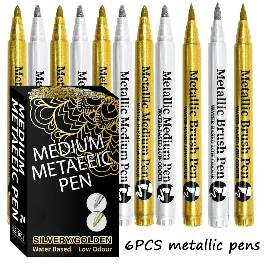 

6PCS Golden & Silvery Metal Oil Marker Pens, Permanent Metal Markers, Vibrant Colors Quick Drying, Soft Brush & Hard Pens Tip