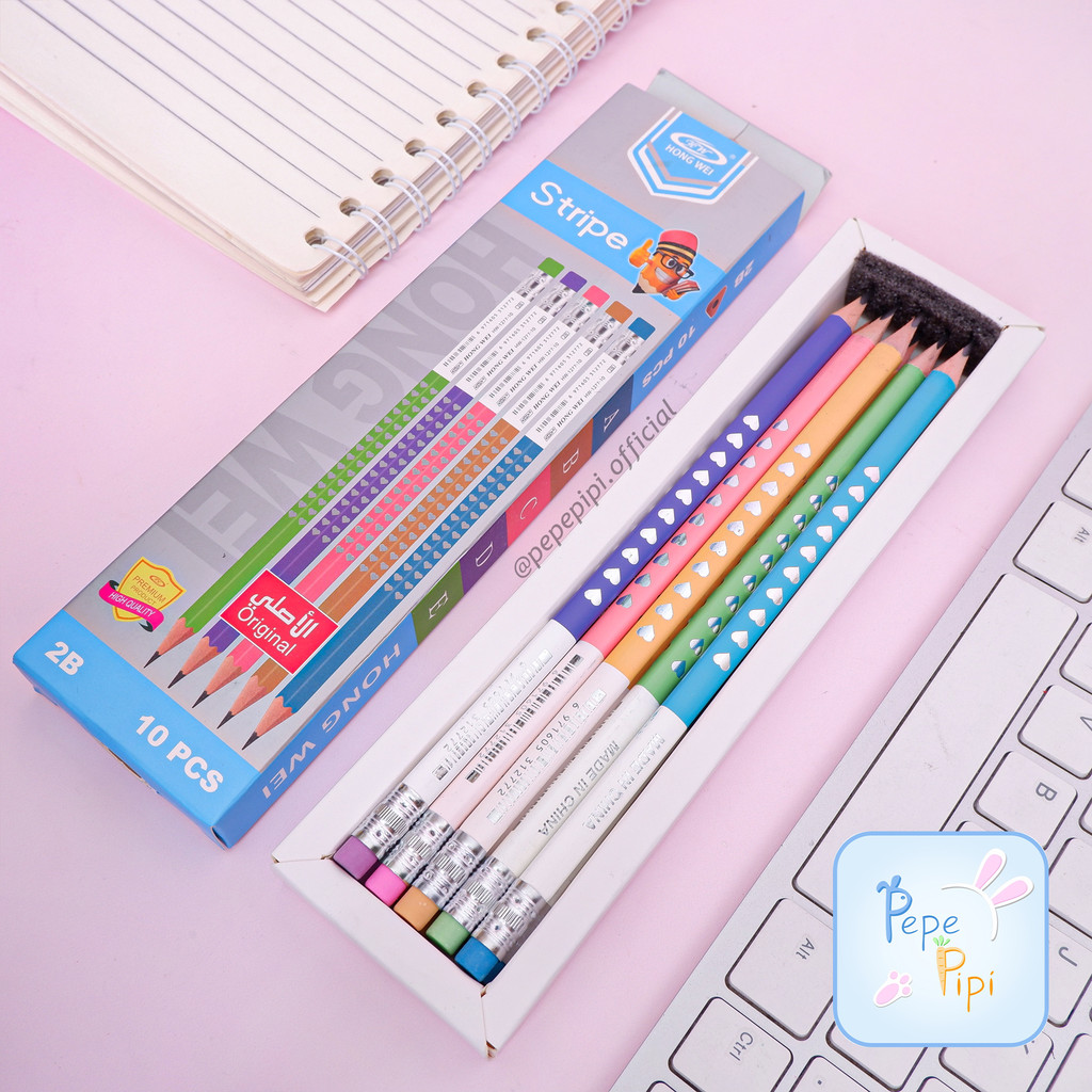 

1 Box Pensil Kayu Hong Wei Hati 2B Pencil Warna Warni Alat Tulis Sekolah Termasuk Penghapus