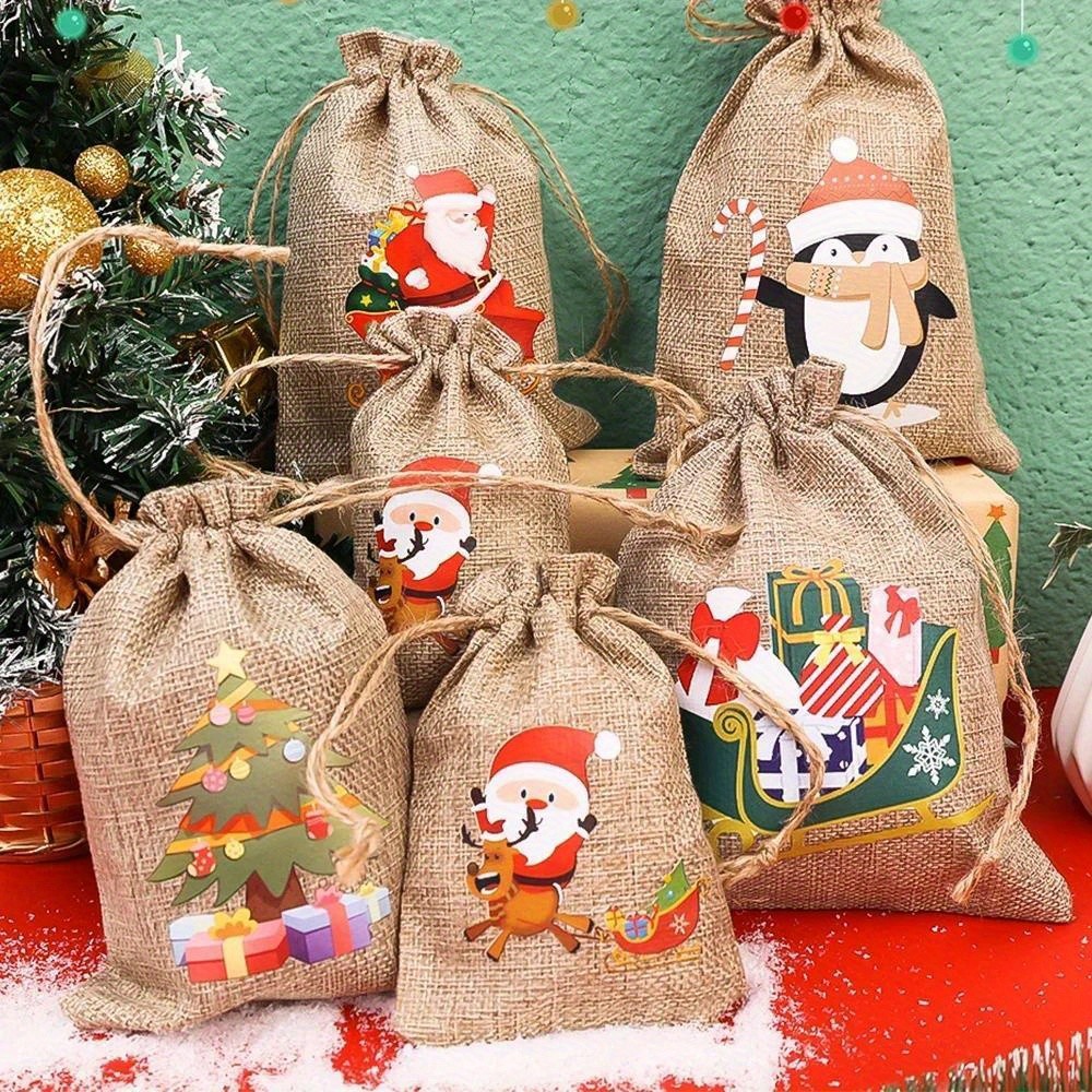 

6/8pcs Gift Bags, Linen Drawstring Pouches, with Santa and Tree Design, for Holiday Presents and Party Favors